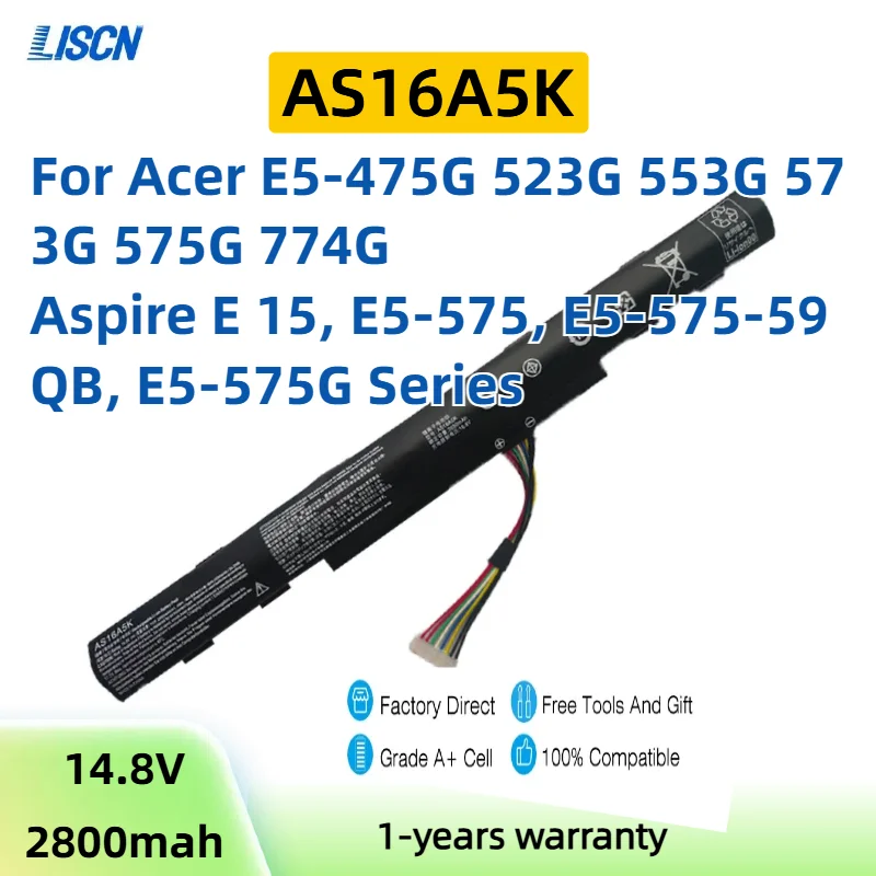 

AS16A5K AS16A7K AS16A8K Аккумулятор для Acer Aspire E15 E5-475G 523G 553G 575G 774G E5-575-59QB E5-575 E5-575G-53VG 2800MAH