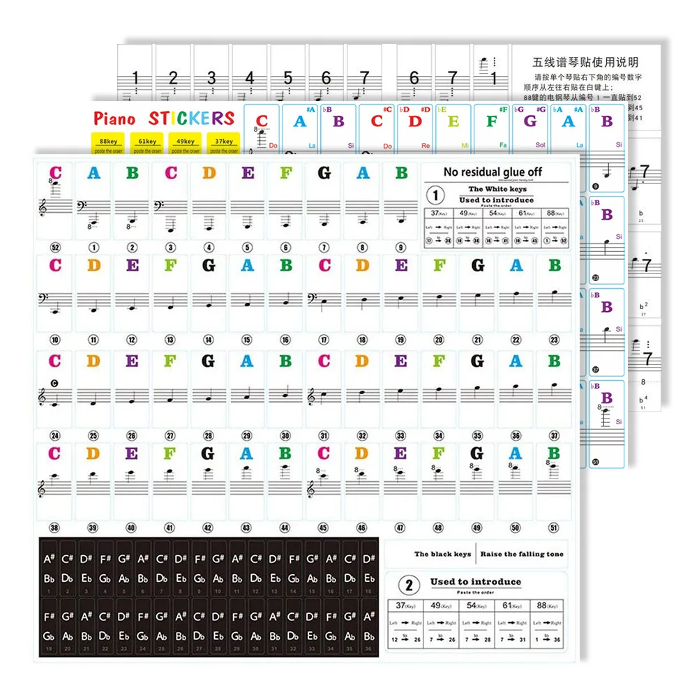 

3pcs Piano Stickers Colorful Music Notation Removable Kids Beginners Keyboard Notes Compatible Electronic Models