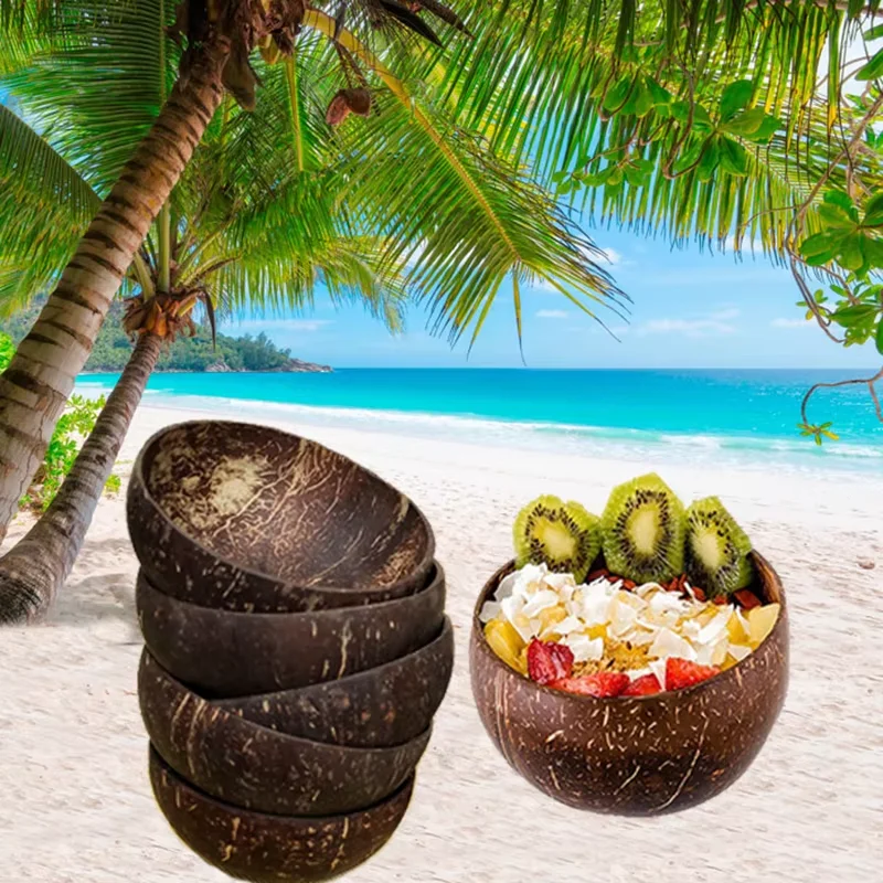 Natural Coconut Bowl Handmade Tableware 12-15cm Wood Spoon Included For Fruit Salad Ramen Rice Dessert