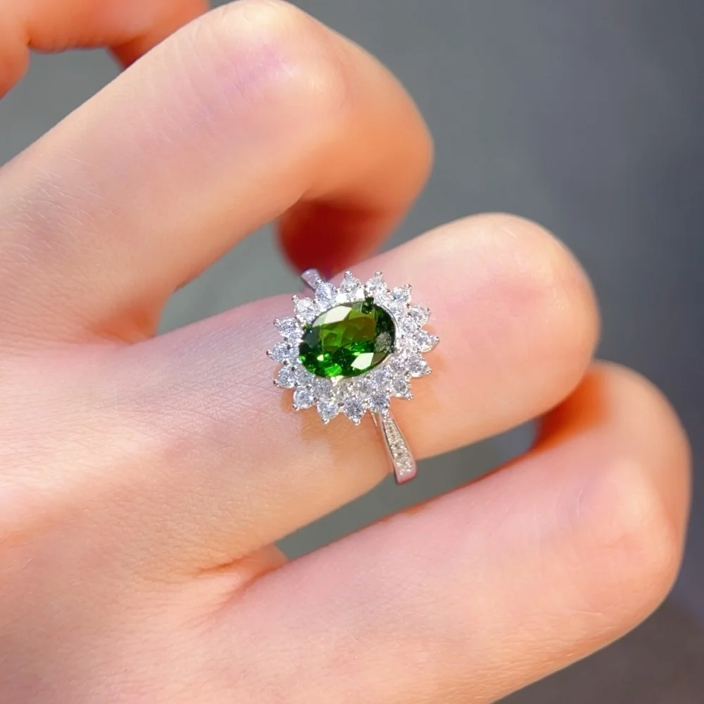 S925 6×8mm Sterling Silver Natural Diopside Gemstone Ring for Women Fashion Healing Jewelry Stylish Accessory Sweet Gift
