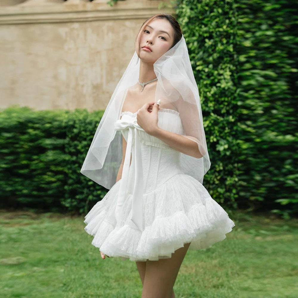 

White Lace Mini Bridal Dress with Bow Cute Sleeveless Mesh Mini Party Dress Puffy Ruffles Tulle Lace Summer Wedding Prom Gowns
