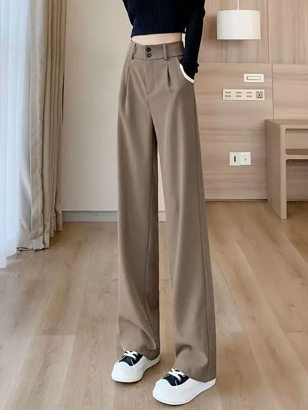 

New Season High Waist Draped Straight Wide Leg Pants Fashionable Ladies Pear Shape Body Slim Fit Floor Length Trousers