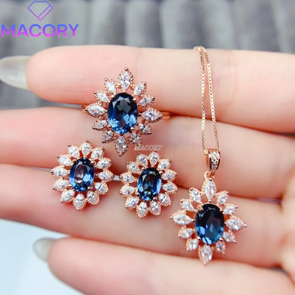 Ladies 925 Sterling Silver Natural London Blue Topaz Jewellery Set Exquisite Three-Piece Luxury Elegant Delicate Jewellery Set