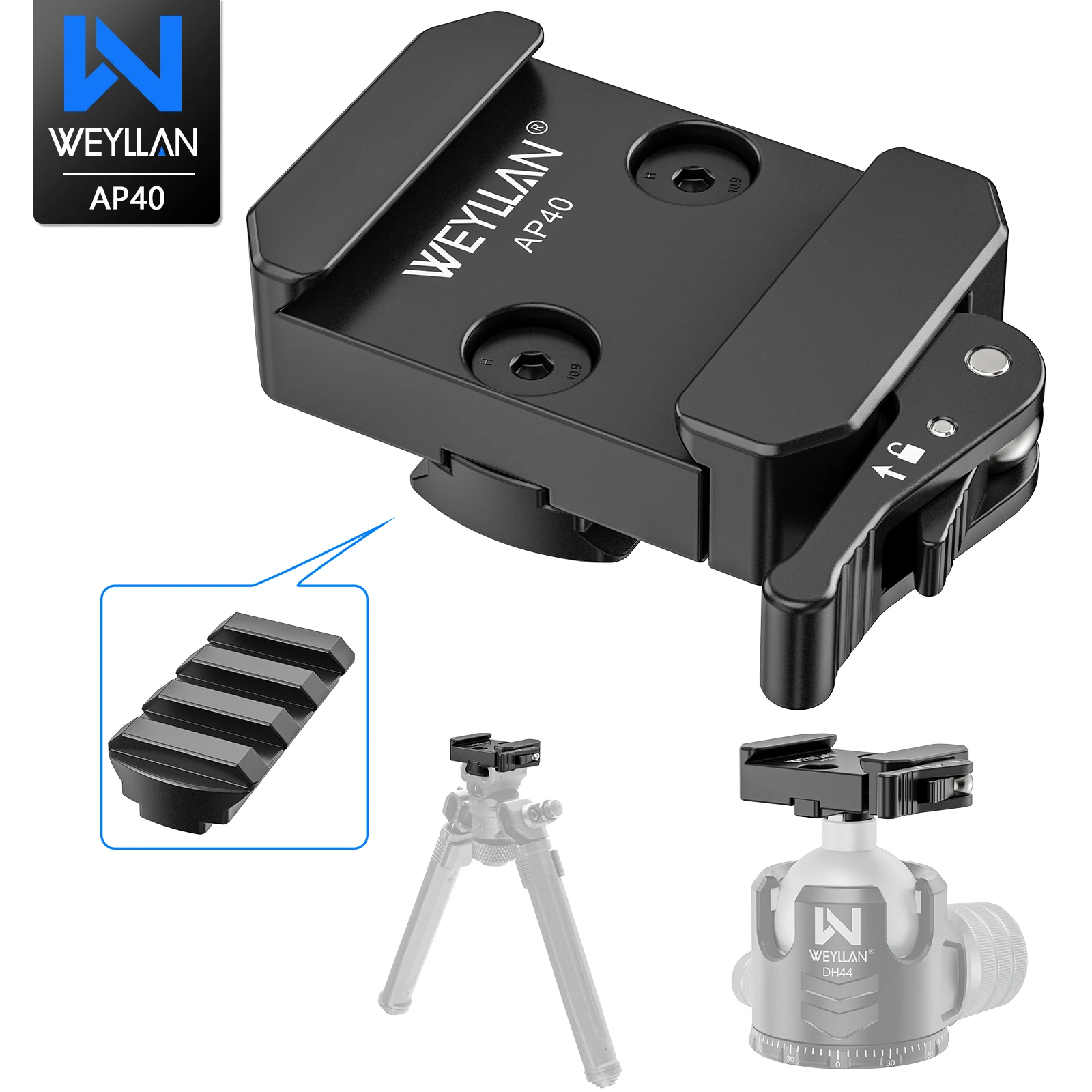 WEYLLAN AP40 Adaptateur universel Picatinny vers Arca Swiss avec verrouillage rapide compatible avec la rotule de bipode de style rail Atlas Picatinny