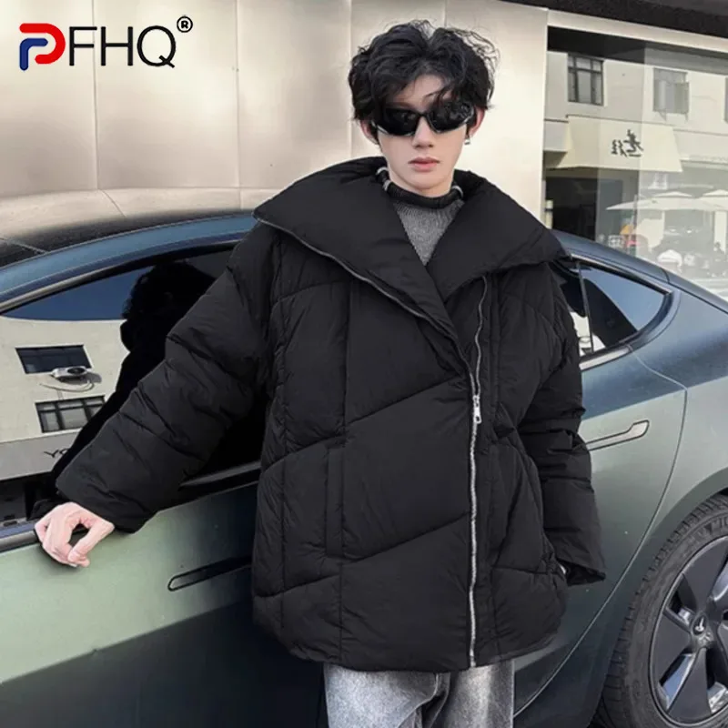 PFHQ Men's Padded Jackets Thickened Turn-down Collar Solid Color Zipper Outerwear Fashion 2024 Winter Loose Male Clothing 9C8722