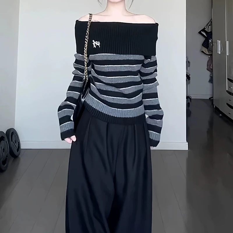 

Deeptown Gray Striped Elegant Vintage Women Sweaters Embroidery Long Sleeve Off Shoulder Korean Fashion Knit Pullovers Casual