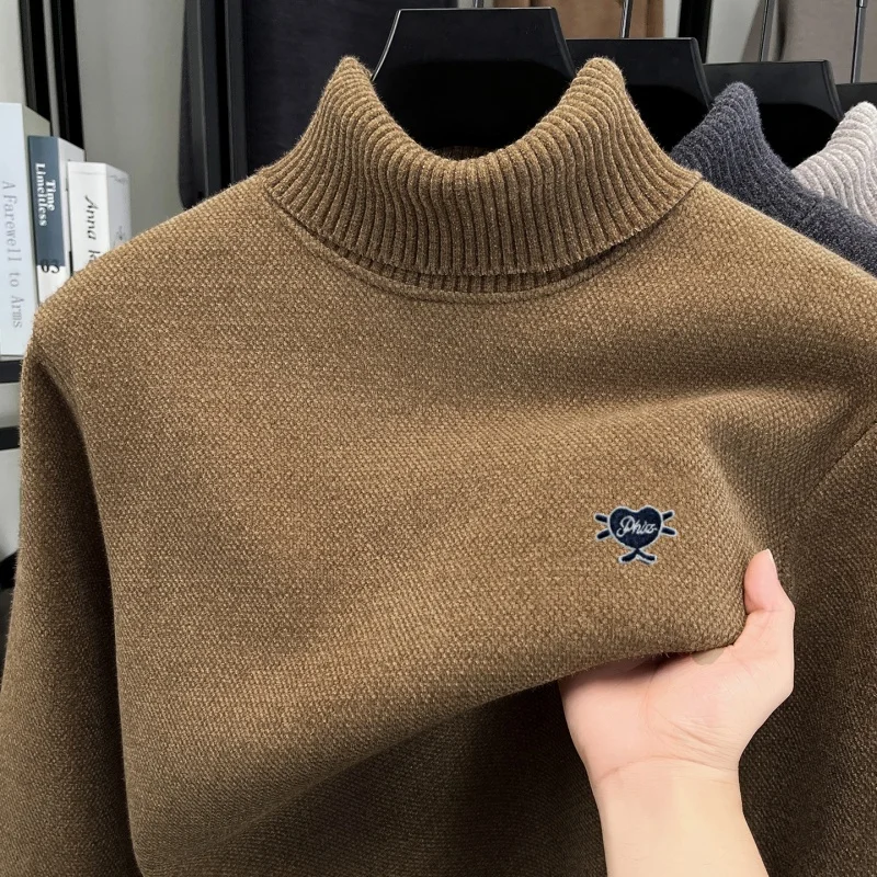 

High quality velvet warm sweater men's high neck new trendy brand heart-shaped embroidery winter comfortable knitted pullover
