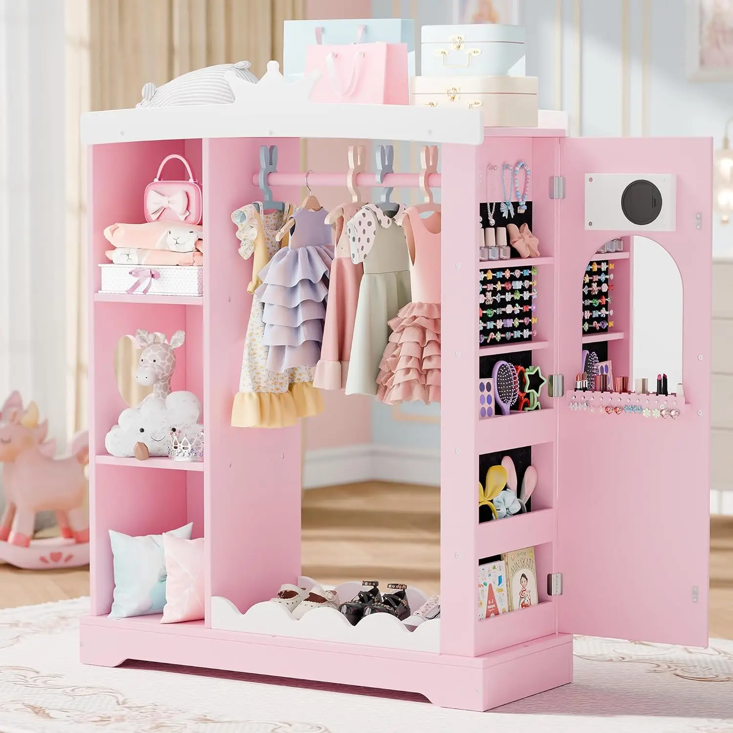 

Kids Closet with Jewelry Cabinet, Dress up Storage with Shelves&Mirror, Costumes Wardrobe Closet with Hanging Rack, Customized