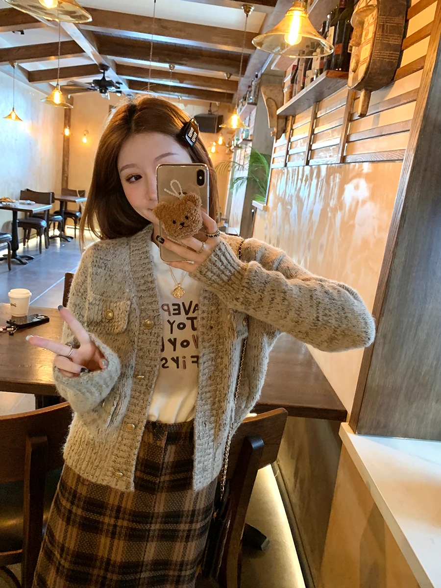 

YANUOYU ort Knitted V-Ne Open Cardigan Slimming Autumn Winter New Sle Polyester Fiber Pure Color Commute Sle Long Sve