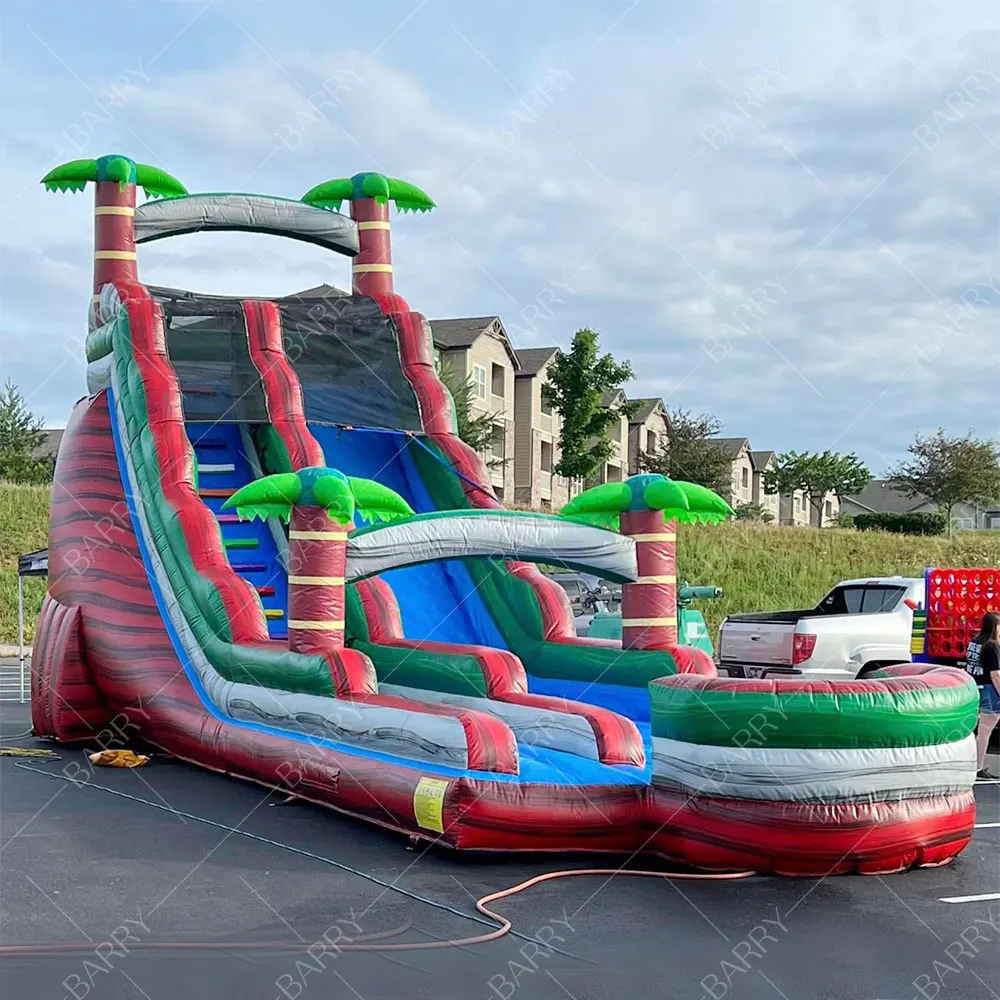

China Commercial Backyard Kids Water Park Single Lane Red Palm Tree Water Slides Inflatable Slide Pool