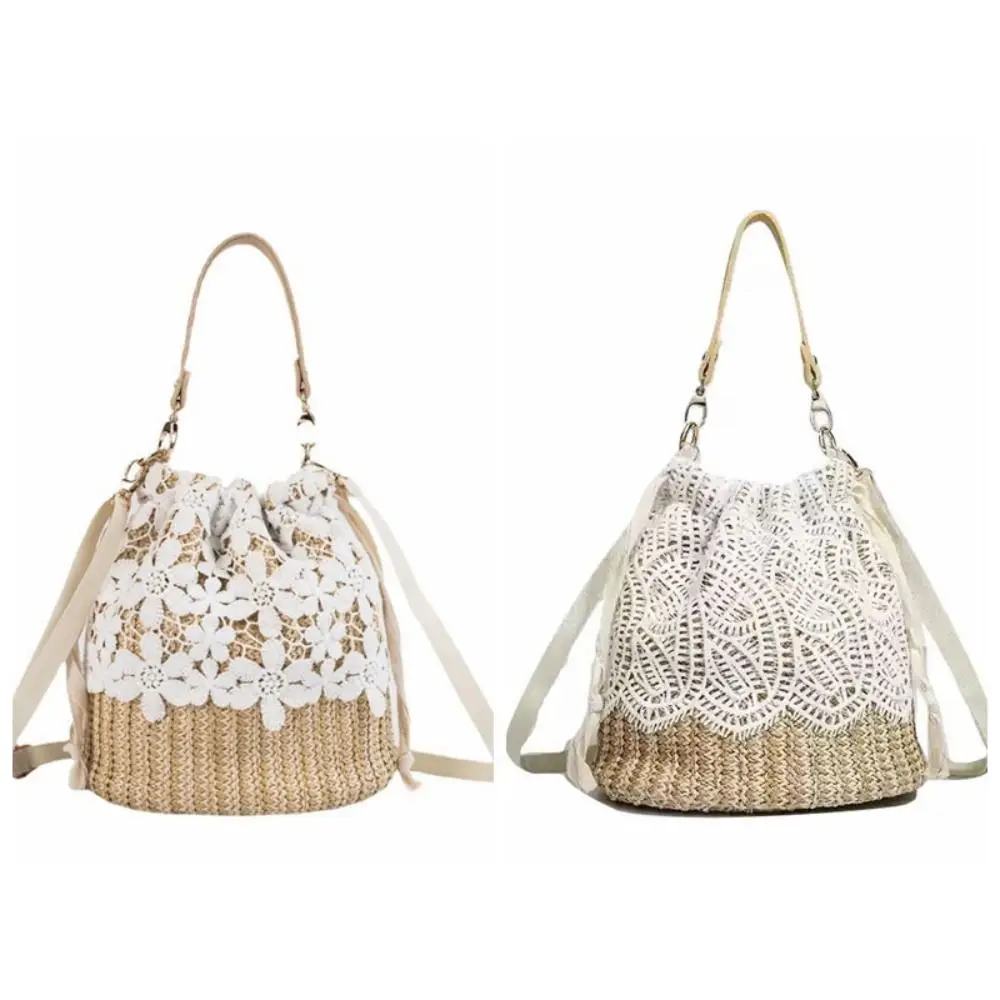 Portable Lace Straw Shoulder Bag Bohemian Flower Weave Tote Bag Bucket Bag Hollow Beach Handbag Students view 5