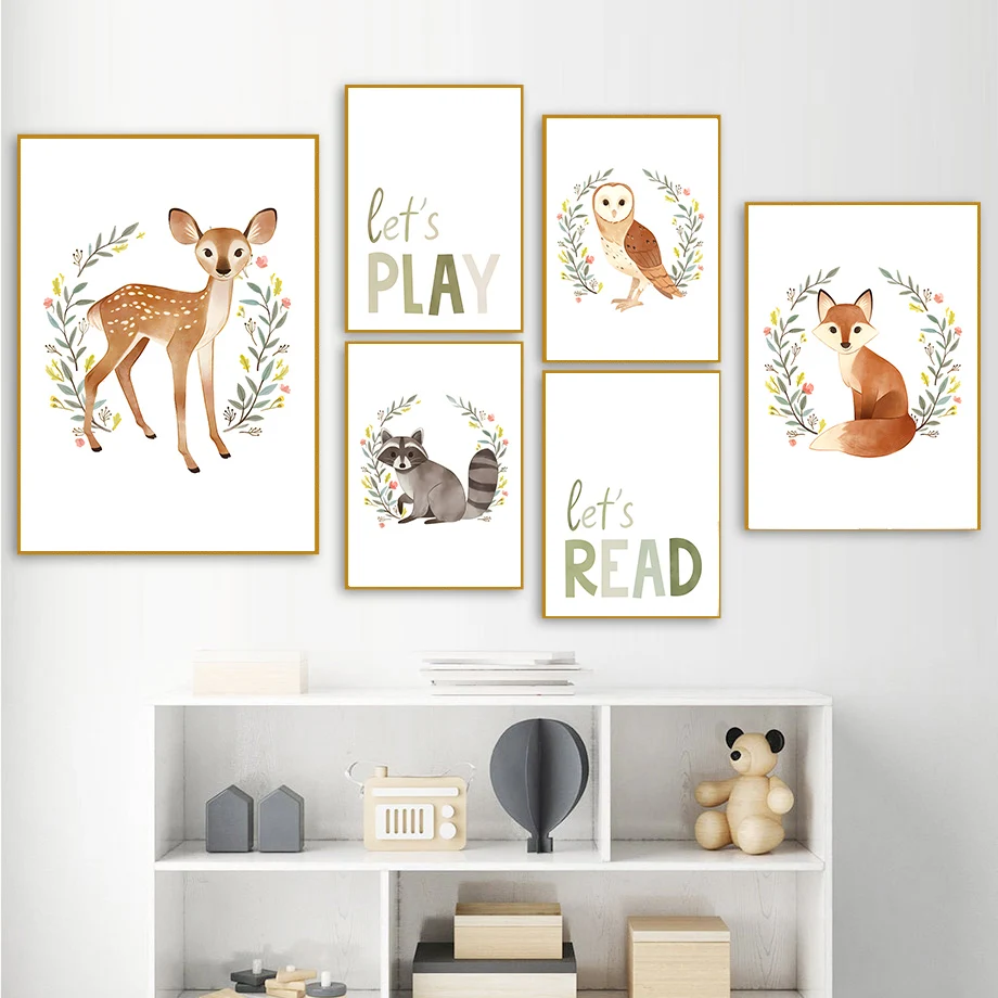 Watercolor Woodland Animal Nursery Wall Art Educational Alphabet Canvas Prints Bunny Owl Fox Poster Baby Room Kids Bedroom Decor