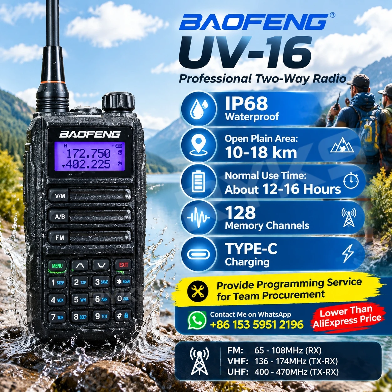 Baofeng Uv-16 Waterproof Ip67 Long Range Walkie Talkie Dual Band Vhf Uhf Two Way Radio Ham Radio Outdoor Camping Hiking Communic