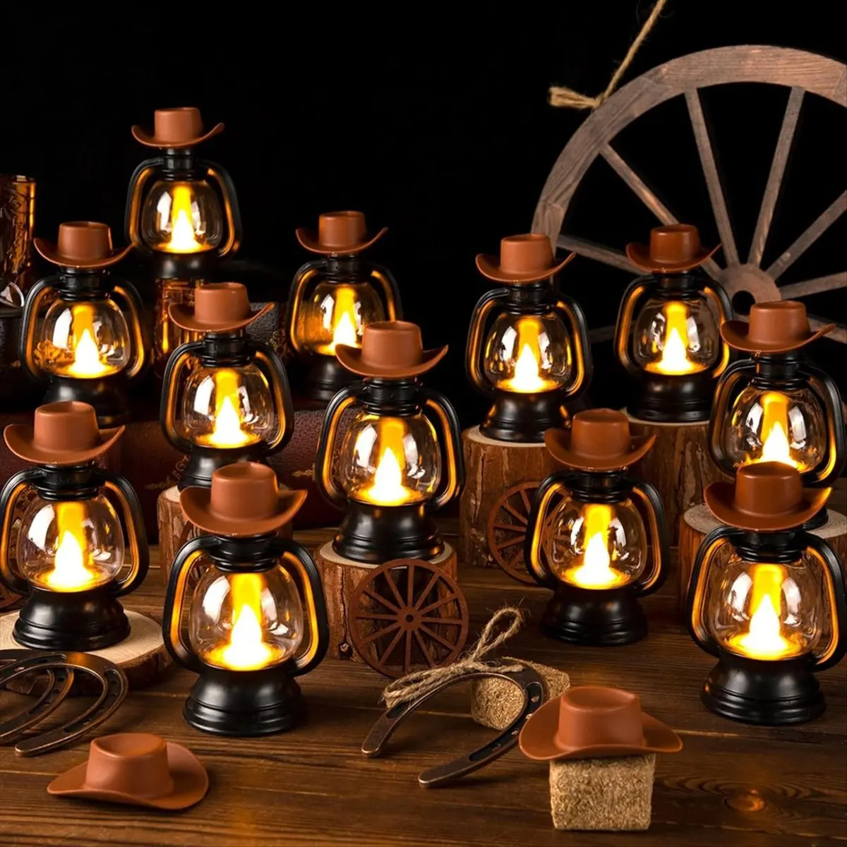 NEW 24Pcs Cowboy Theme Party Decoration,Mini Cowboy Hat Lantern Horseshoe Wagon Wheel Hay Bales for Western Wedding Birthday