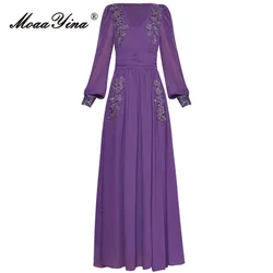 MoaaYina Autumn Fashion Designer Purple Vintage Dress Women V Neck Appliques Beading Sequins Elastic Waist Slit Slim Maxi Dress