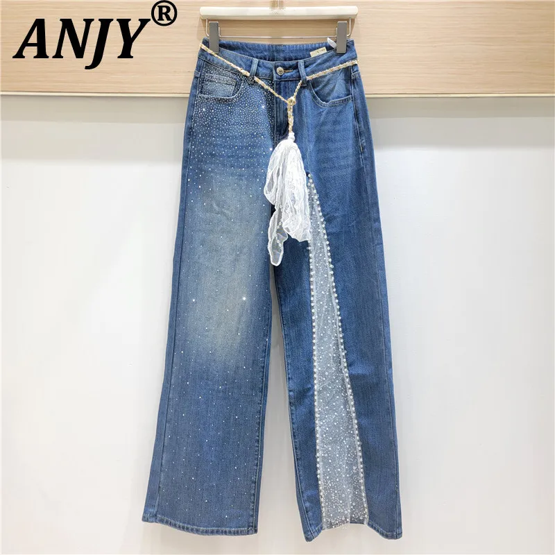 

ANJY, новые летние женские уличные модные джинсы, повседневные лоскутные брюки с бриллиантами и блестками, прямые широкие брюки с поясом A7706