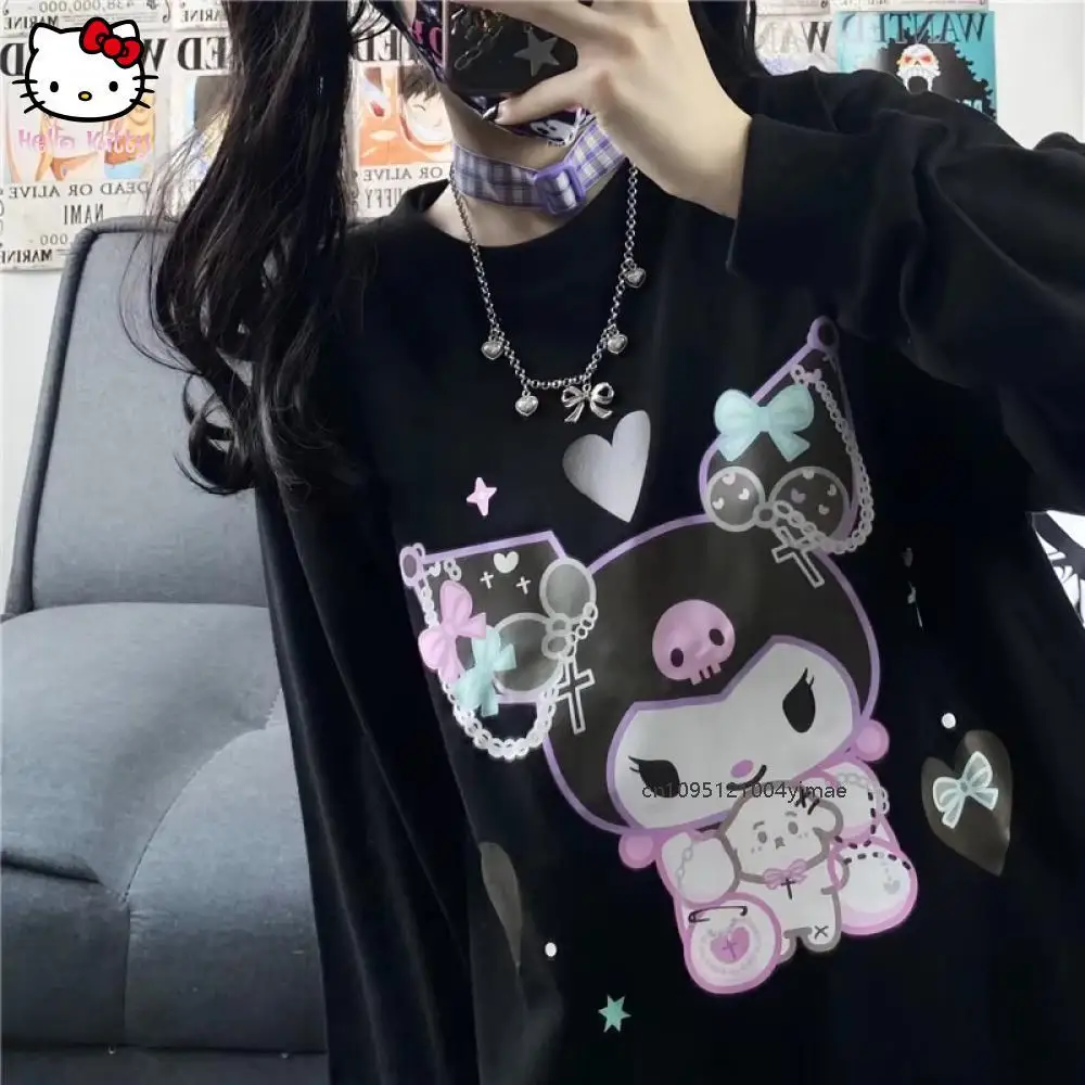 Sanrio kuromi harajuku estilo japonês doce dos desenhos animados sanrio kuromi impresso manga longa camiseta o-pescoço camiseta meninas topos kawaii
