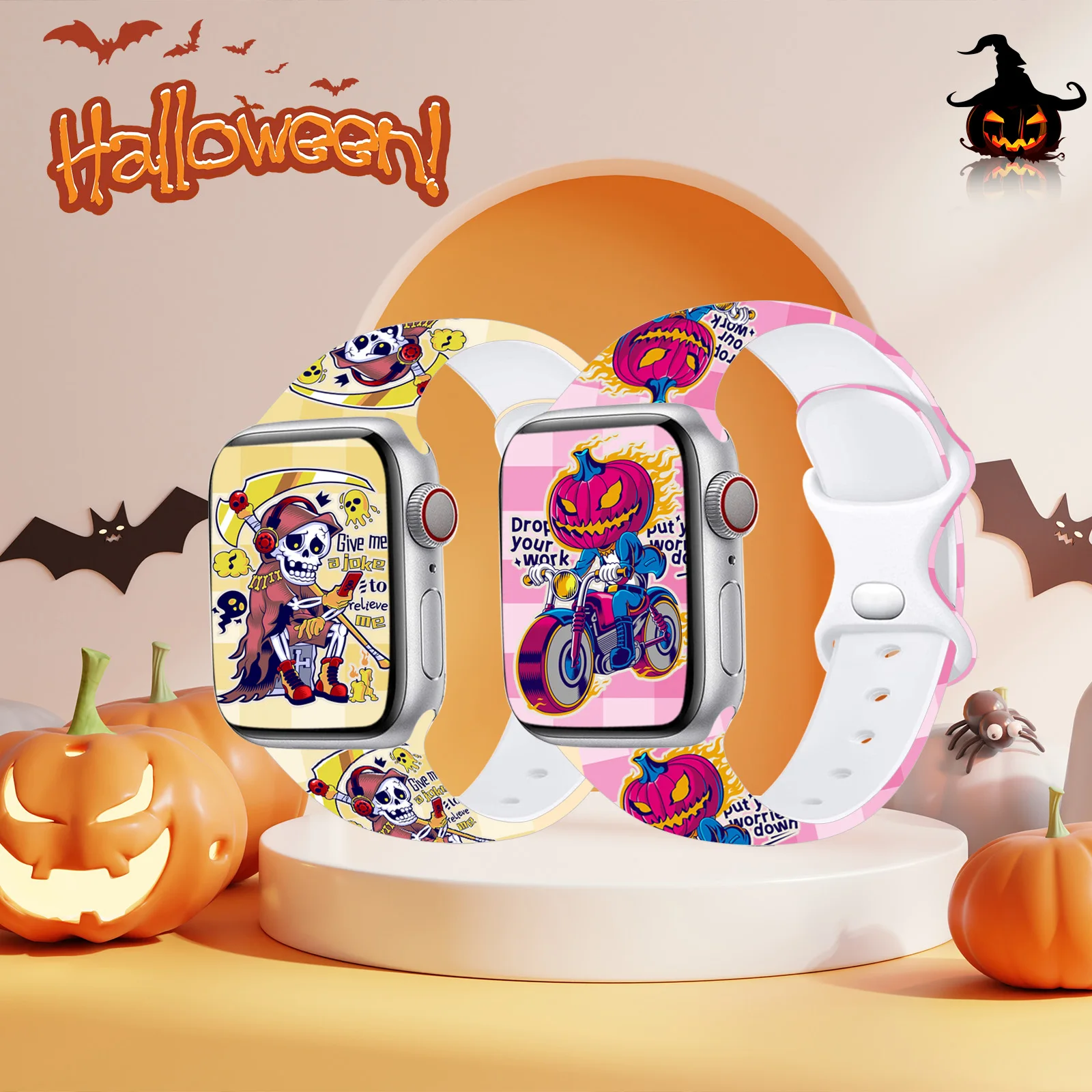 Correa con estampado de patrón de la serie Mischief de Halloween para Apple Watch Series 11/10/9/8/7/SE, correa de silicona suave impermeable 45mm 44mm 42mm