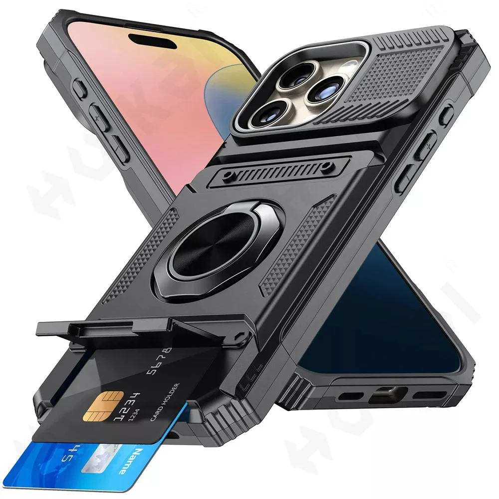 Case For iPhone 16 15 14 13 12 11 Pro Max XS XR 8 7 Plus Magnetic Rotated Ring Kickstand Heavy Duty Drop Protection Wallet Cover