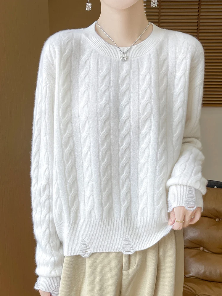 Fall Winter Women's Sweater Large Size 100% Merino Wool O-Neck Pullover Long Sleeve Knitt Tops Classic Outerwear Vintage Leisure