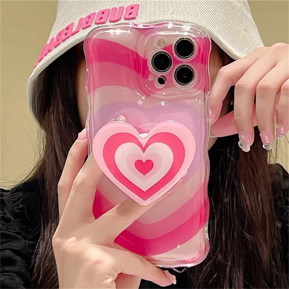 Korean Cute 3D Gradient Love Heart Holder Stand Phone Case For iPhone 14 13 12 11 Pro Max Plus Clear Wavy Soft Shockproof Cover