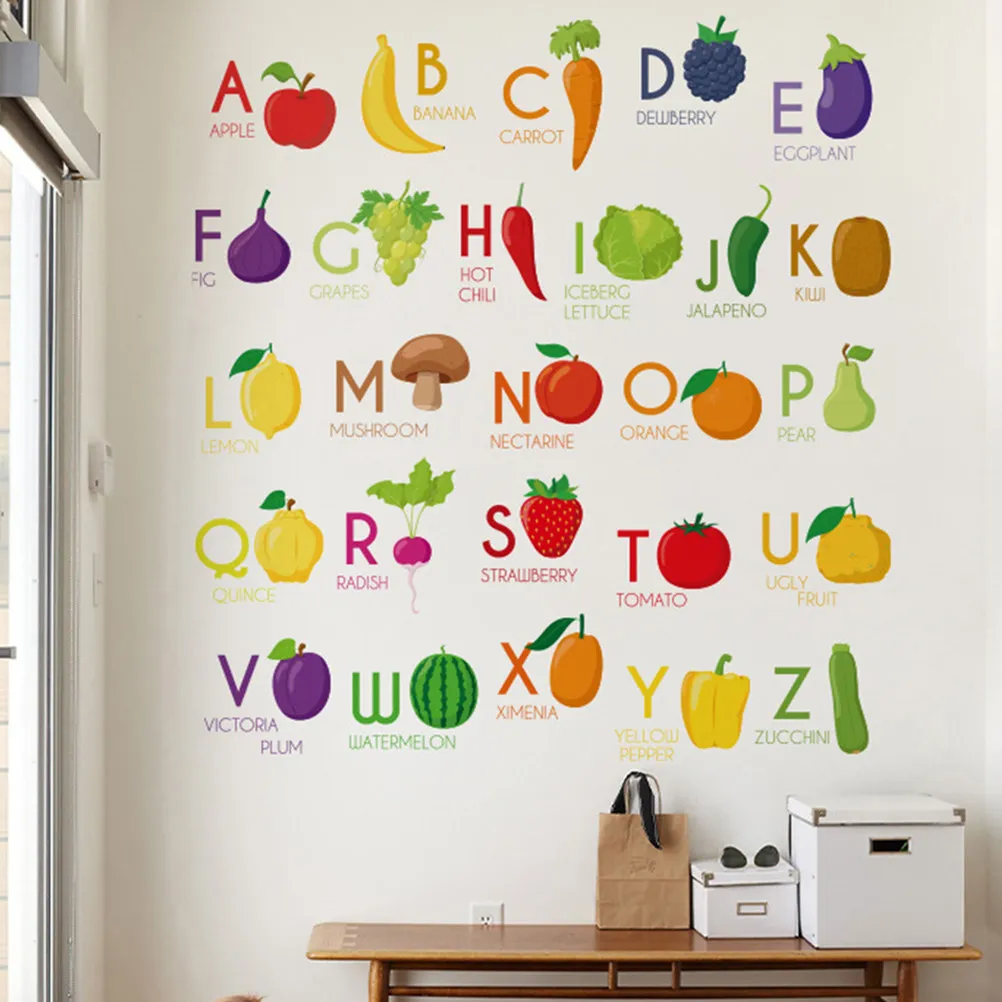 

English Alphabet Self-Adhesive Stickers Early Education Abc Chart Colorful Fruit Vegetable Designs Preschool Classroom Wall