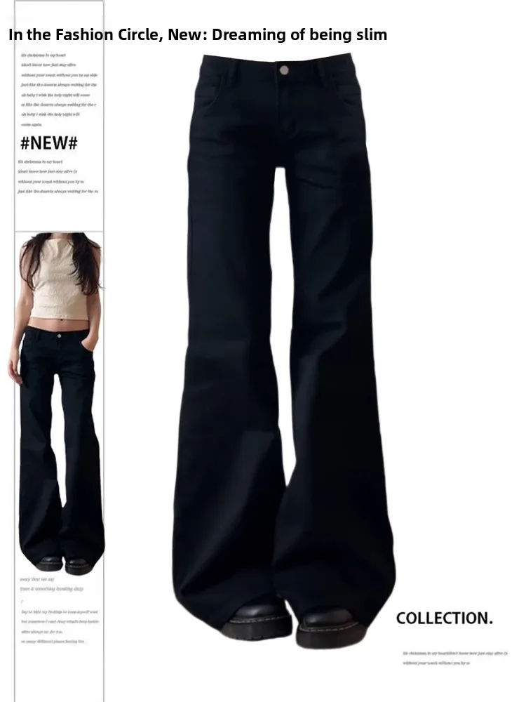 

Low Waist Wide Leg Bell Bot Denim Jeans Women's Sli Bla American Sle Loose Fit Straight Leg Jeans for Early Autumn