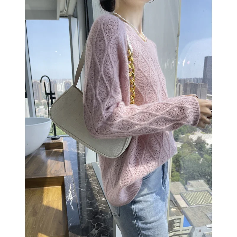 Cashmere Sweater Women Loose Casual Wool Pullover Hollow Out Weaving Female Clothing Knit Top Autumn Winter Female Clothing 2024