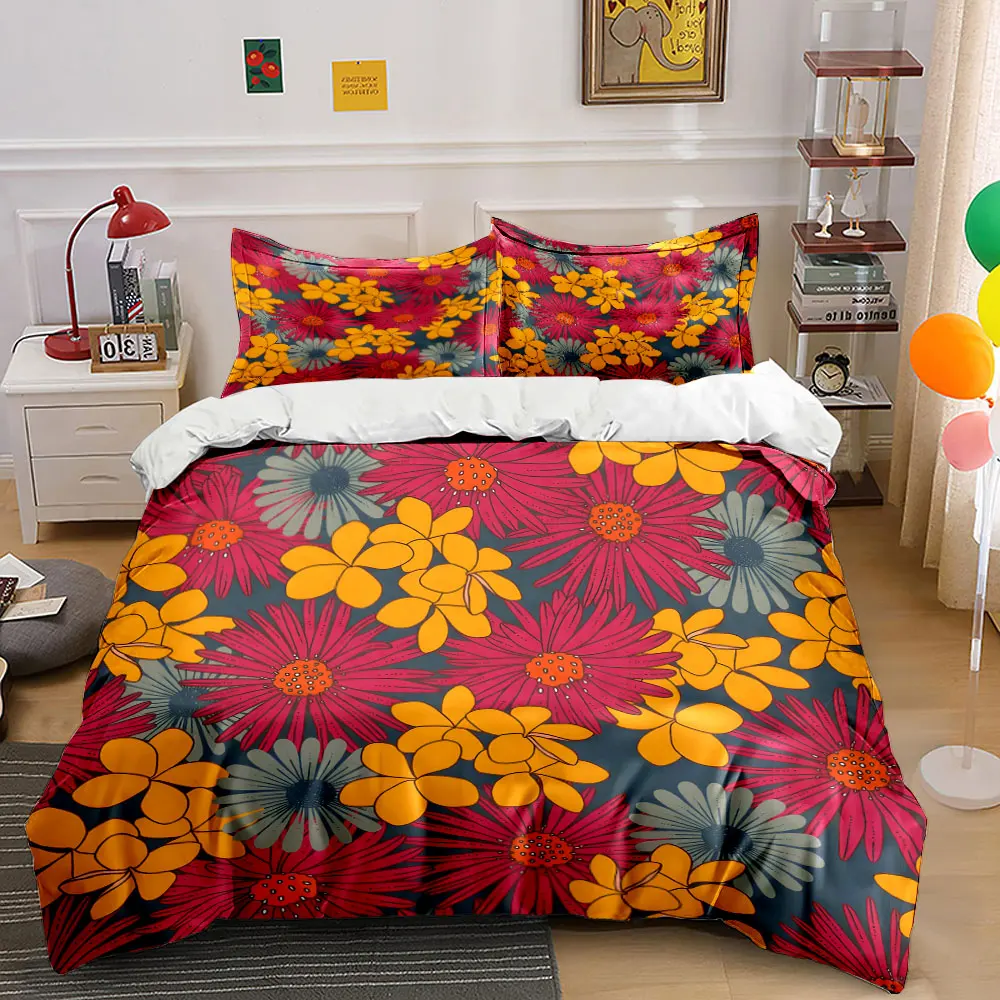 Vibrant flowers with dark background Print Bedding Set 1 Duvet Cover 2 Pillowcases for Adult and Children Luxury Gift Full Size
