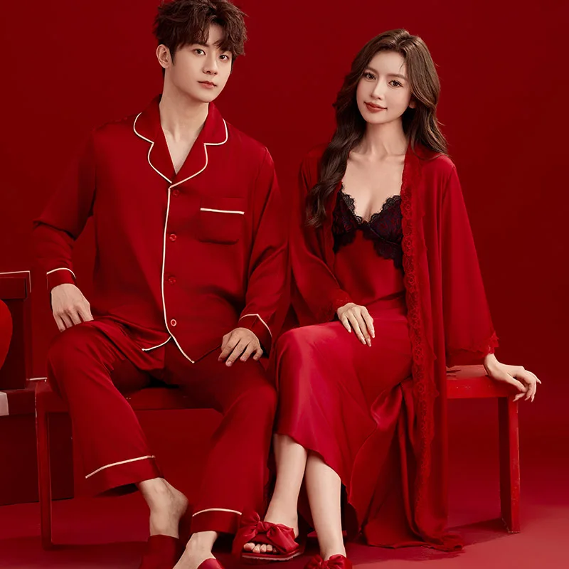 

Couple Wedding Pajamas Set Women Silk Long Bathrobe Nightdress Two-Pieces Summer Men's Long-Sleeved Shirt Pant Home Wear