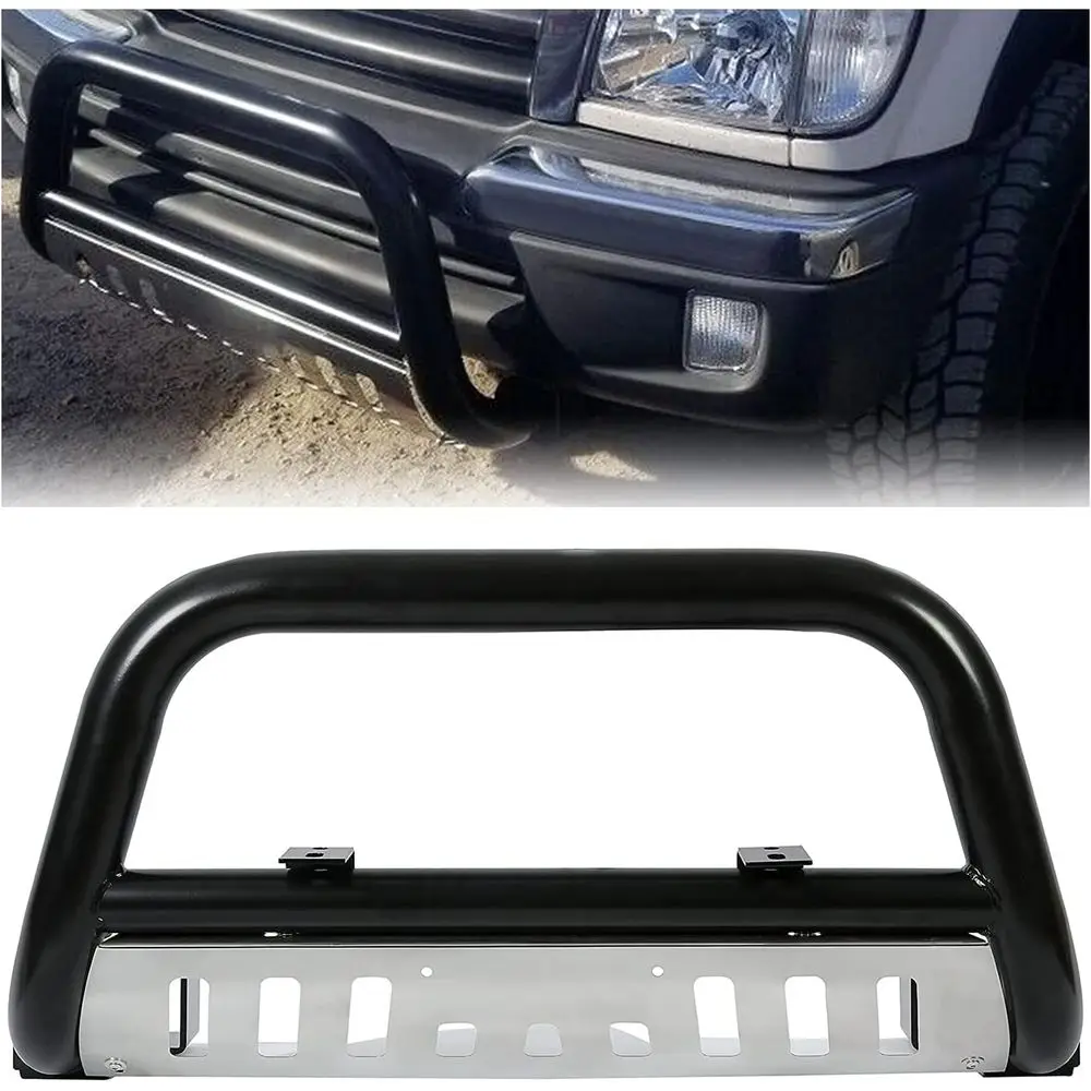Universal 3 Black Steel Bull Bar with Skid Plate for 1996-2004 Vehicles, Front Bumper Grille Guard Protector