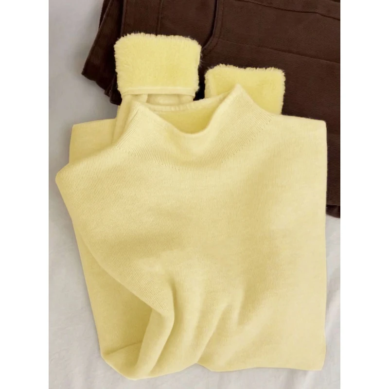2026 Daily Winter Warm Commute Outfit Solid Crew Neck Thick Fleece Lined Knit Pullover Slim Fit Long Sleeve Women Inner Tops