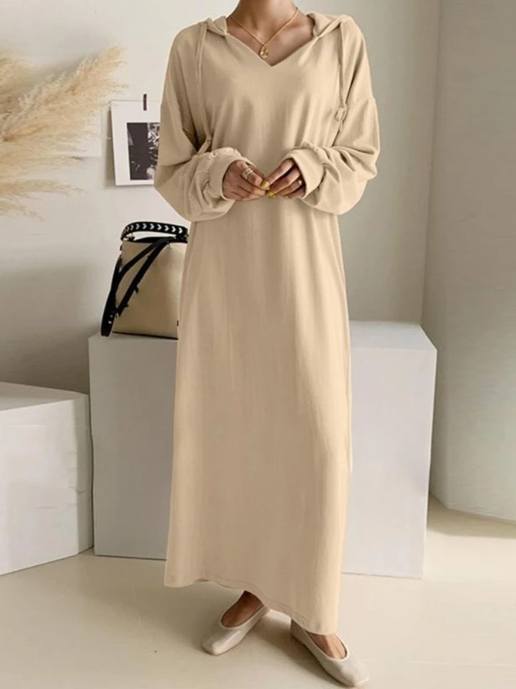 2024 Autumn New Women\'s Commuting Style Elegant Solid Color Long Hoodie Warm Thick Casual Long Hoodie Dress