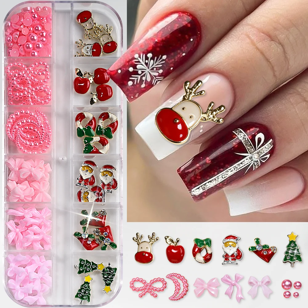 12 グリッドかわいいクリスマスネイルチャーム愛らしいメタルサンタクロースエルククリスマスツリーデザイン樹脂弓パールマニキュアアクセサリージュエラー