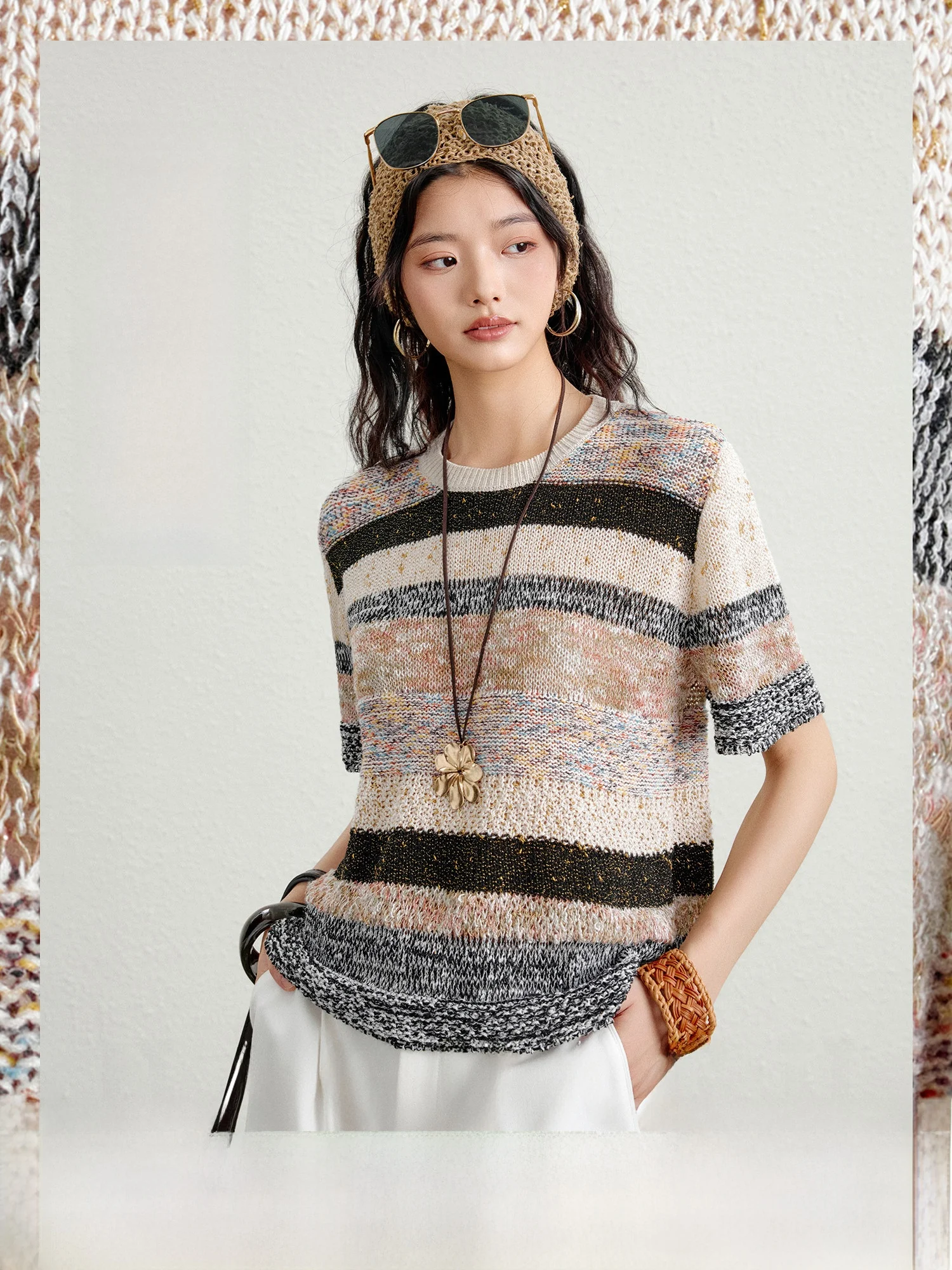 

Retro Knitted ort Sve round Ne Floral Silk Yarn Women's Top Summer Casual Sle Slim Fit Polyester Fiber T-irt