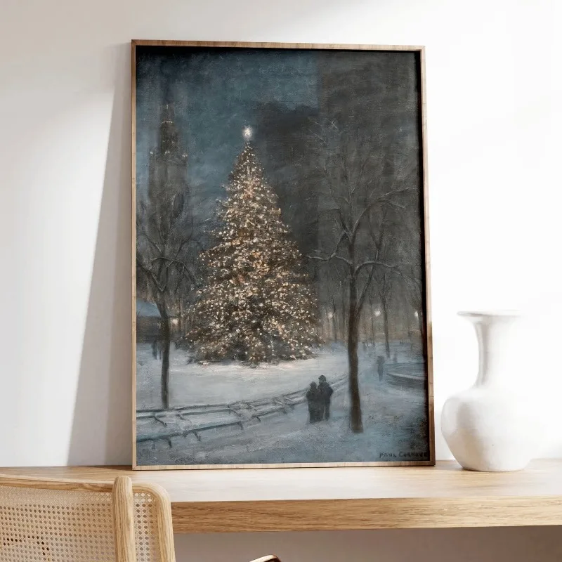 Vintage City Park Christmas Tree Canvas Wall Art Snowy Night Scene Moody Winter Xmas Home Wall Print Unframed Canvas Poster