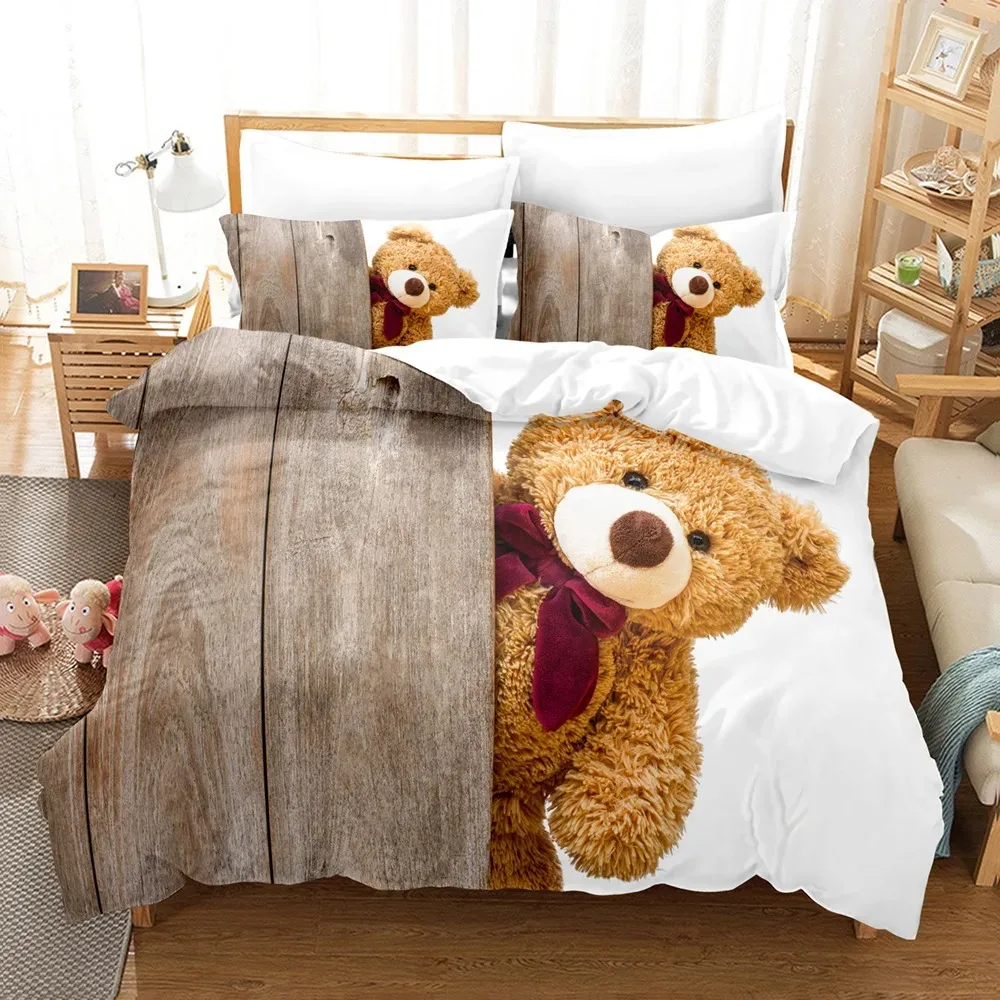 Zestaw pościeli Teddy bear Single Twin Full Queen King Size Plush bear Bed Set Aldult Kid Bedroom Duvetcover Sets 3D Print 011