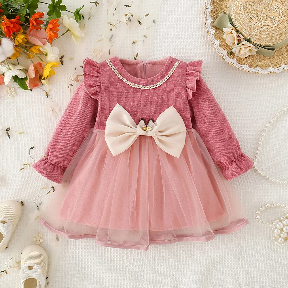 Winter Hard Ah Baby Girl Dress Sweet Princess Dress Bow Solid Color Small Flying Sleeve Trumpet Sleeve Net Yarn Dress