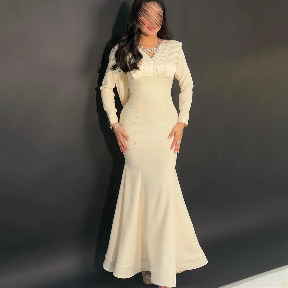 

ROYET V Neck Pleat Simple Formal Evening Dress For Woman Ankle Length Classic Long Sleeve Prom Gown Customized New 2025