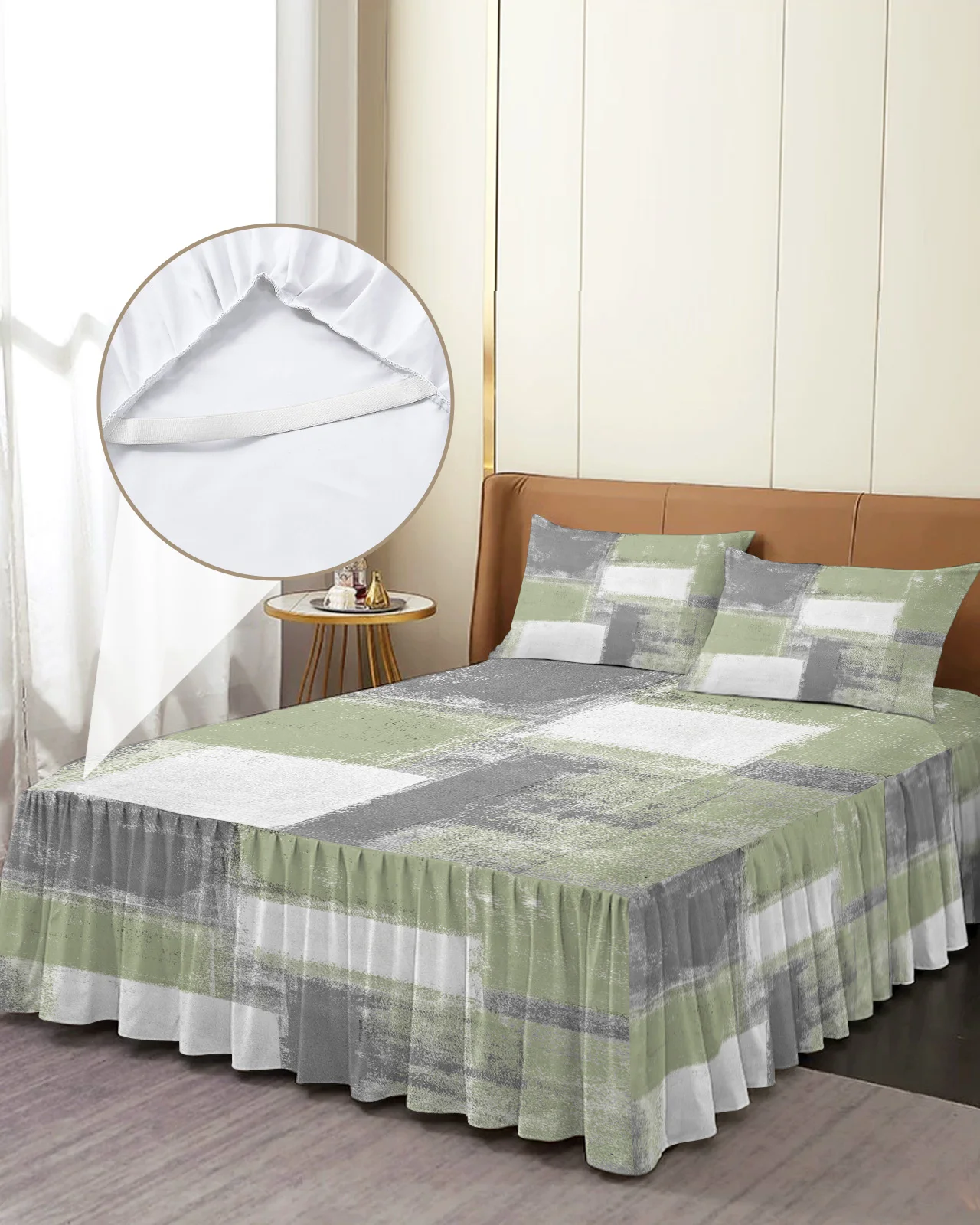 Sage Green Oil Painting Texture Paint Bed Skirt Elastic Fitted Bedspread With Pillowcases Mattress Cover Bedding Set Bed Sheet