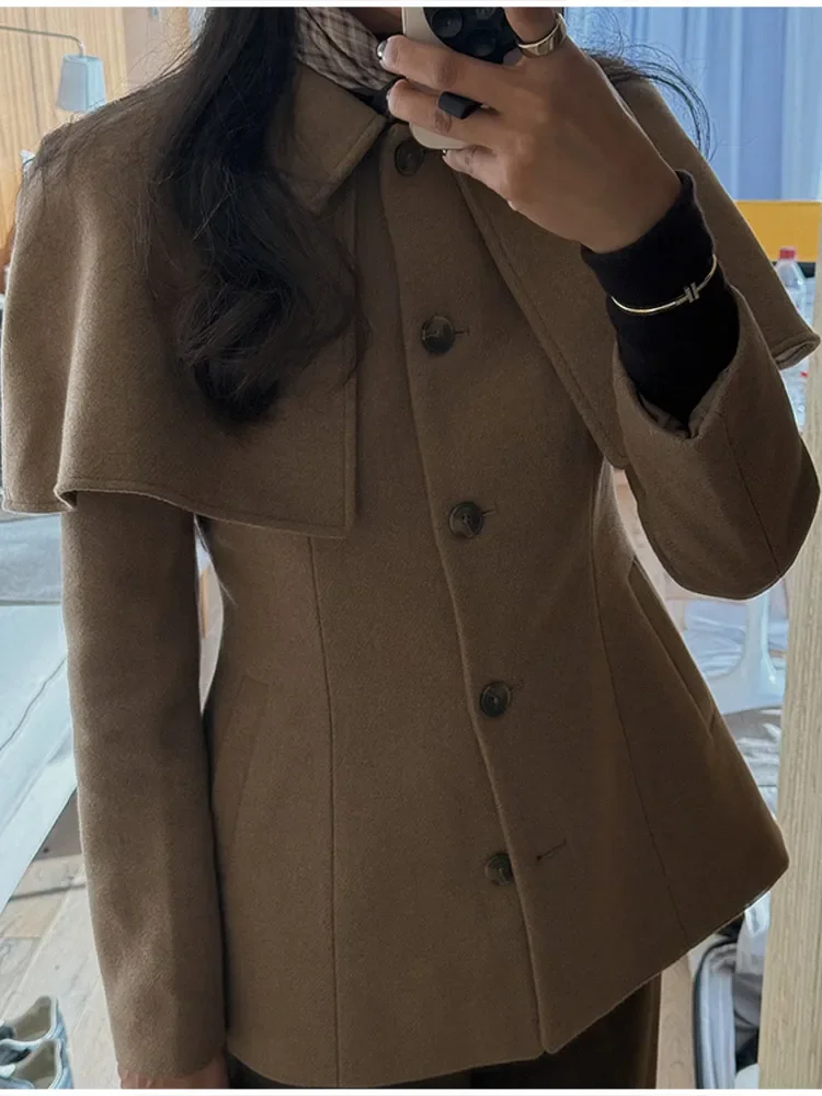 

COOBBU Chic Shawl Woolen Jacket For Women 2026 Long Sleeve Single Breasted Lapel Cape Coat New Lady Autumn Winter Outwears