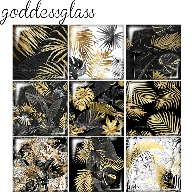 New Black style Golden Leaves plants Square 10pcs Photo 12mm/20mm/25mm/30mm photo glass cabochon flat back Making findings