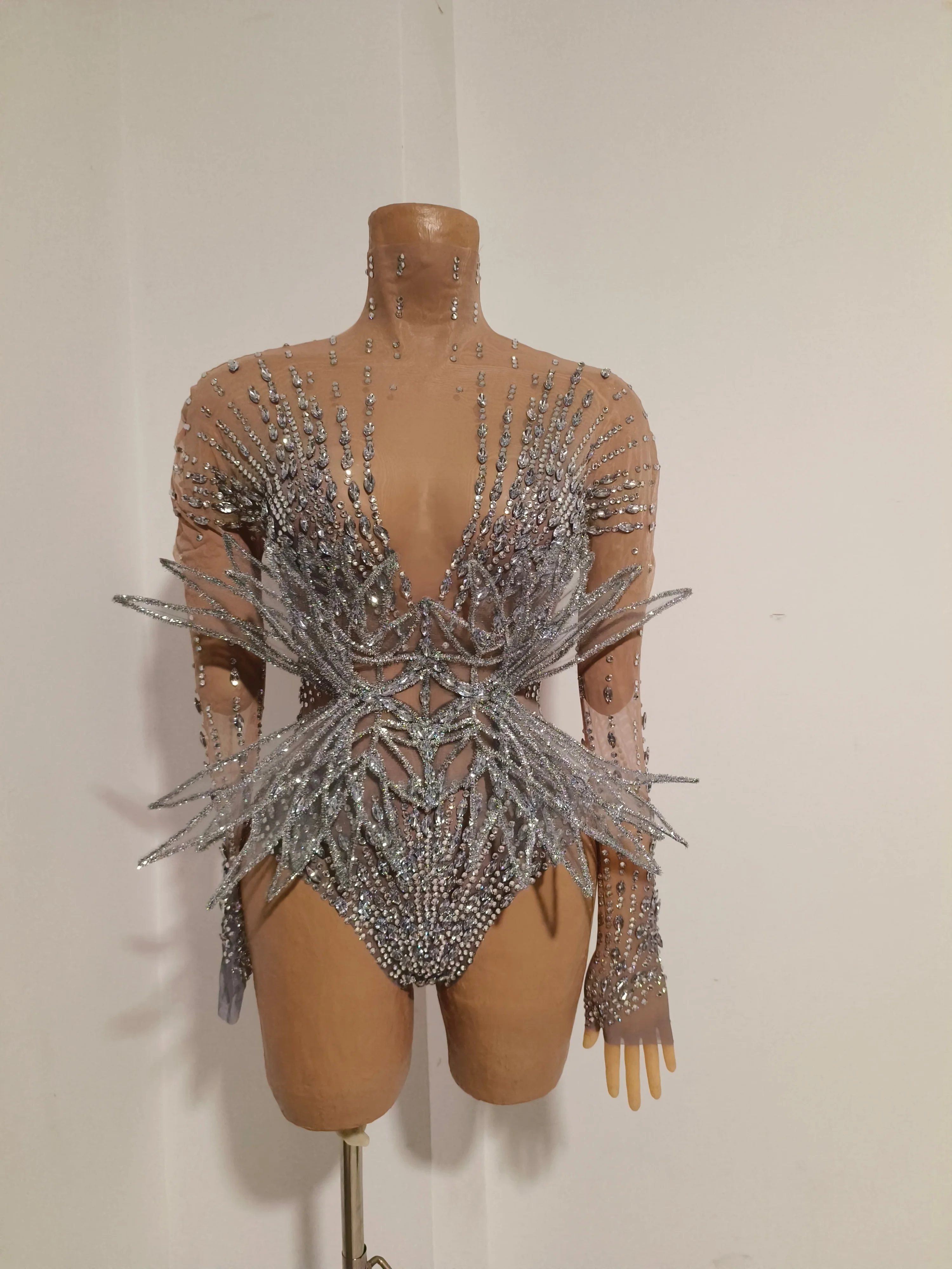 Image of Sexy Funkelnder Kristall-Bodysuit Langarm Durchsichtiger Mesh-Jumpsuit Abendparty Bar Tänzerin Bühnenoutfit für Sängerinnen
