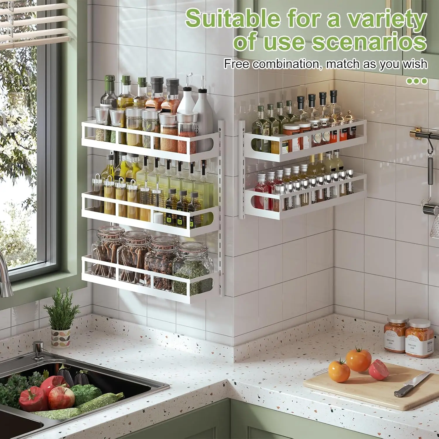 

X-Cosrack Wall Mount Spice Rack Organizer 5 Tier Height-Adjustable Hanging Spice Shelf Storage For Kitchen Pantry Cabinet Door,