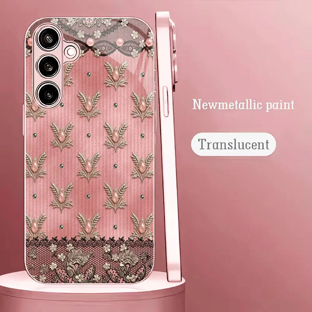 Sleek Rose Gold Lace Fashion phone case s26 ultra case 폰케이스 glass for Samsung Galaxy S26 S25 S24 S23 S22 FE,Ultra,Plus