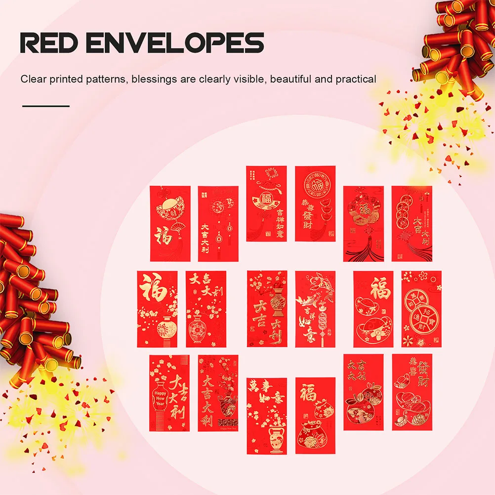 

36pcs Chinese Red Envelopes Lucky Envelope Festival Red Packet Paper Money Bag With Auspicious Patterns For Chinese New Year