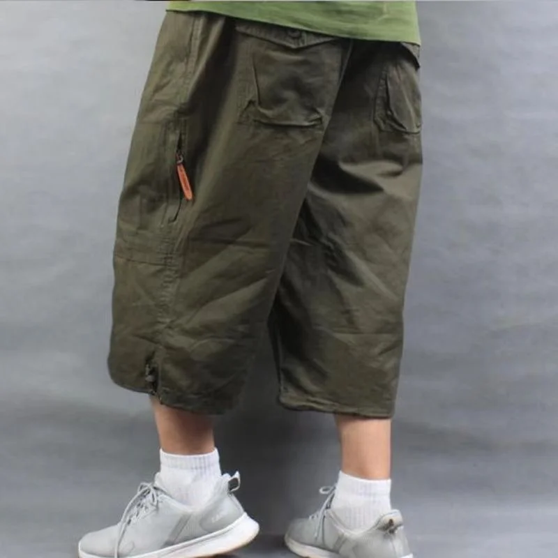남성용 캐주얼 크롭 팬츠, 느슨한 뚱뚱한 하의, 카고 반바지, 3 가지 색상, 카키 아미, 플러스 사이즈 코튼, 트렌드, 여름