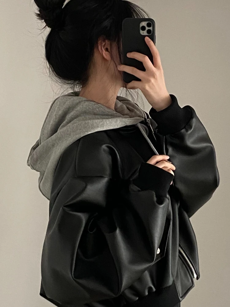 خريف شتاء جديد في مزاجه المتخصصة الرجعية سستة جيب مزدوج عادية فضفاض وهمية قطعتين مقنعين سترة جلدية القمم