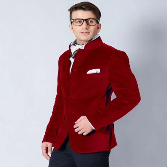 Abiti da uomo mandarini con colletto alla coreana 2 pezzi smoking da sposo per matrimonio tinta unita velluto moda maschile (giacca + pantaloni)