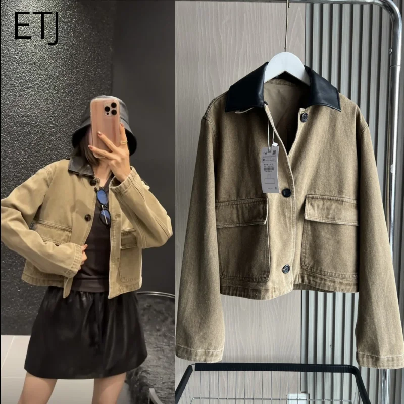 

ETJ 2025 autumn new womenswear y2k rate cool breeze splicing lapel denim short jacket retro wash jacket